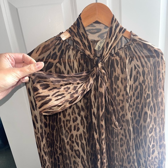 BLUMARINE Chiffon Leopard Print Sheer Blouse Gold Embellished Embroidered Sz 42 - Picture 4 of 8